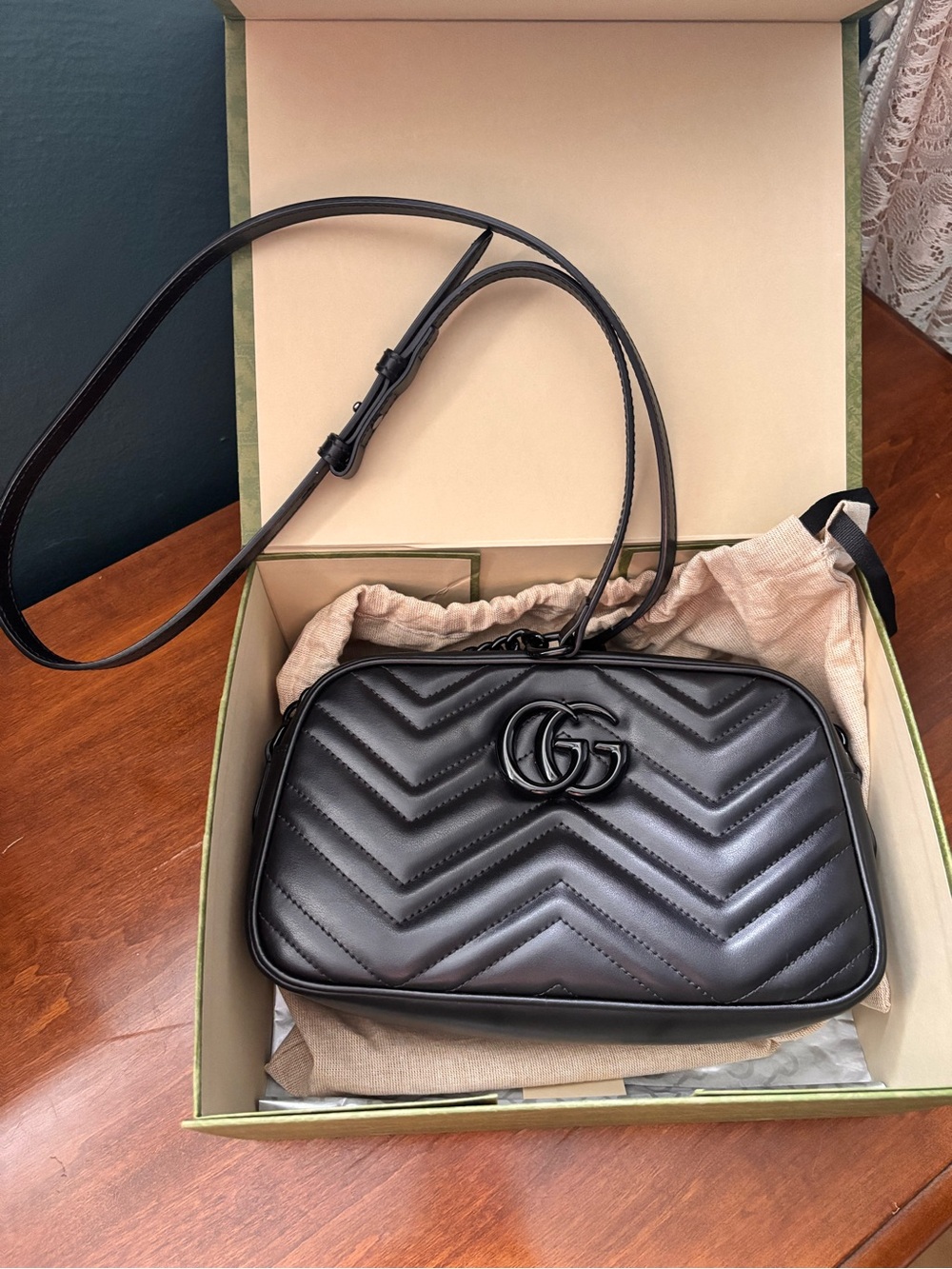 Gucci GG Marmont Black Matelassé Leather Crossbody Camera Bag + Box